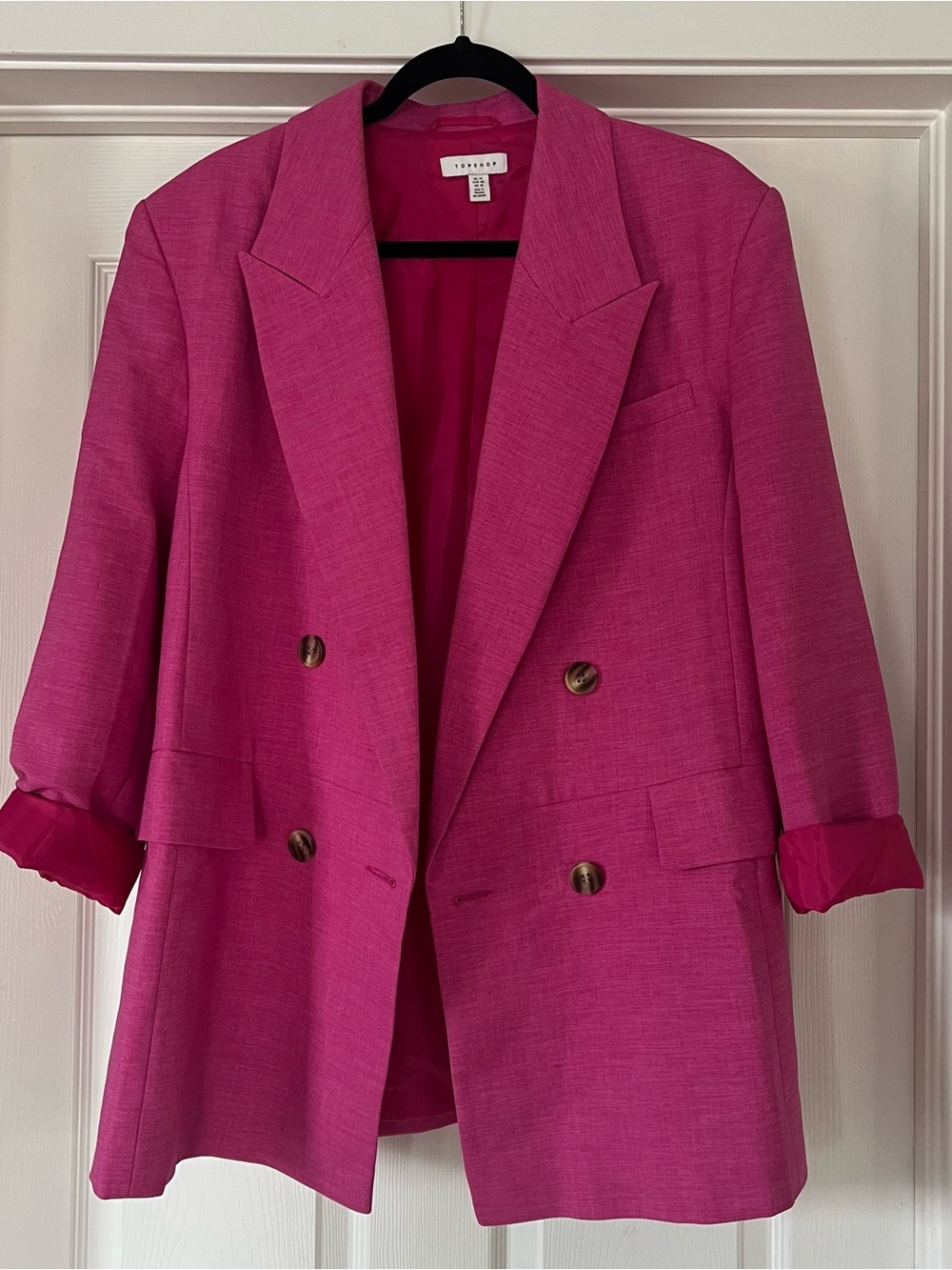 Topshop Hot Pink Double-Breasted Blazer, Size 10, Over Sized